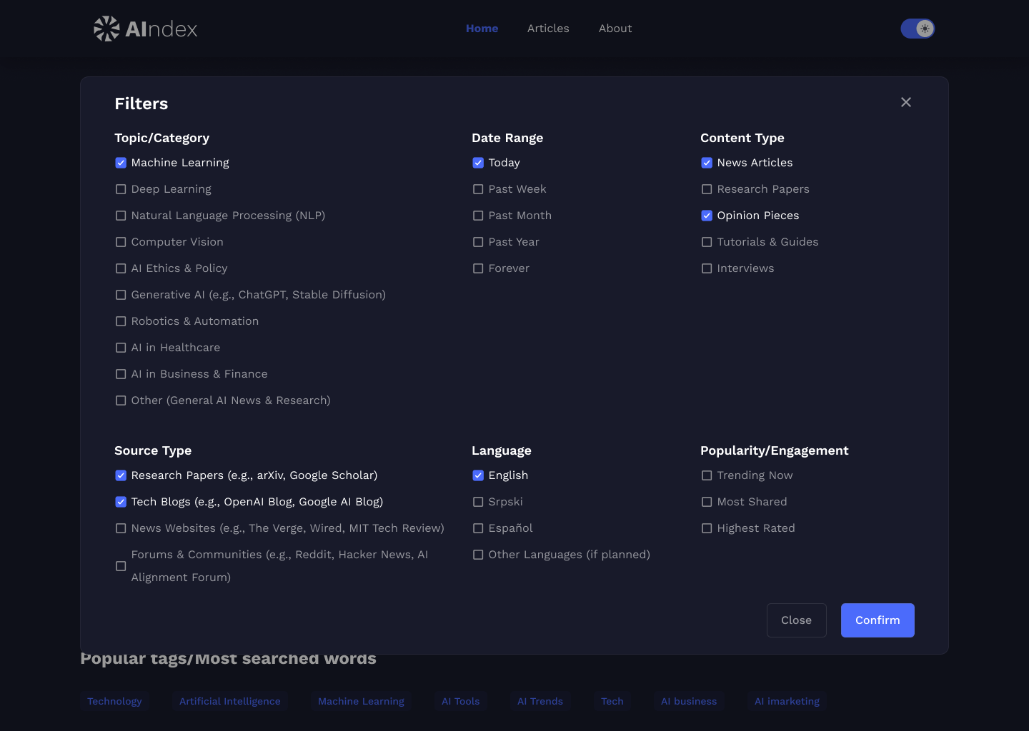AIndex filters in dark theme