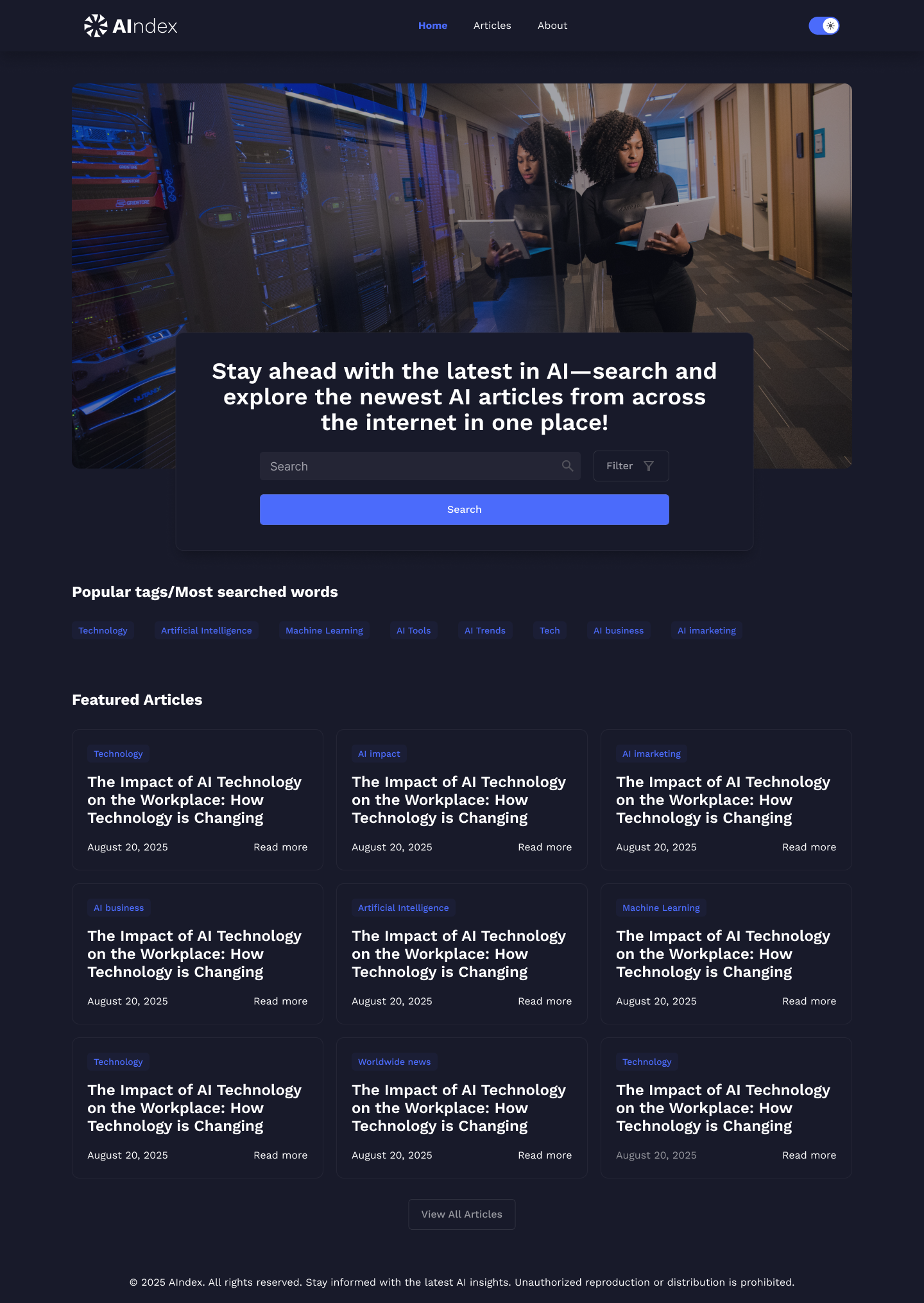 AIndex home screen in dark theme