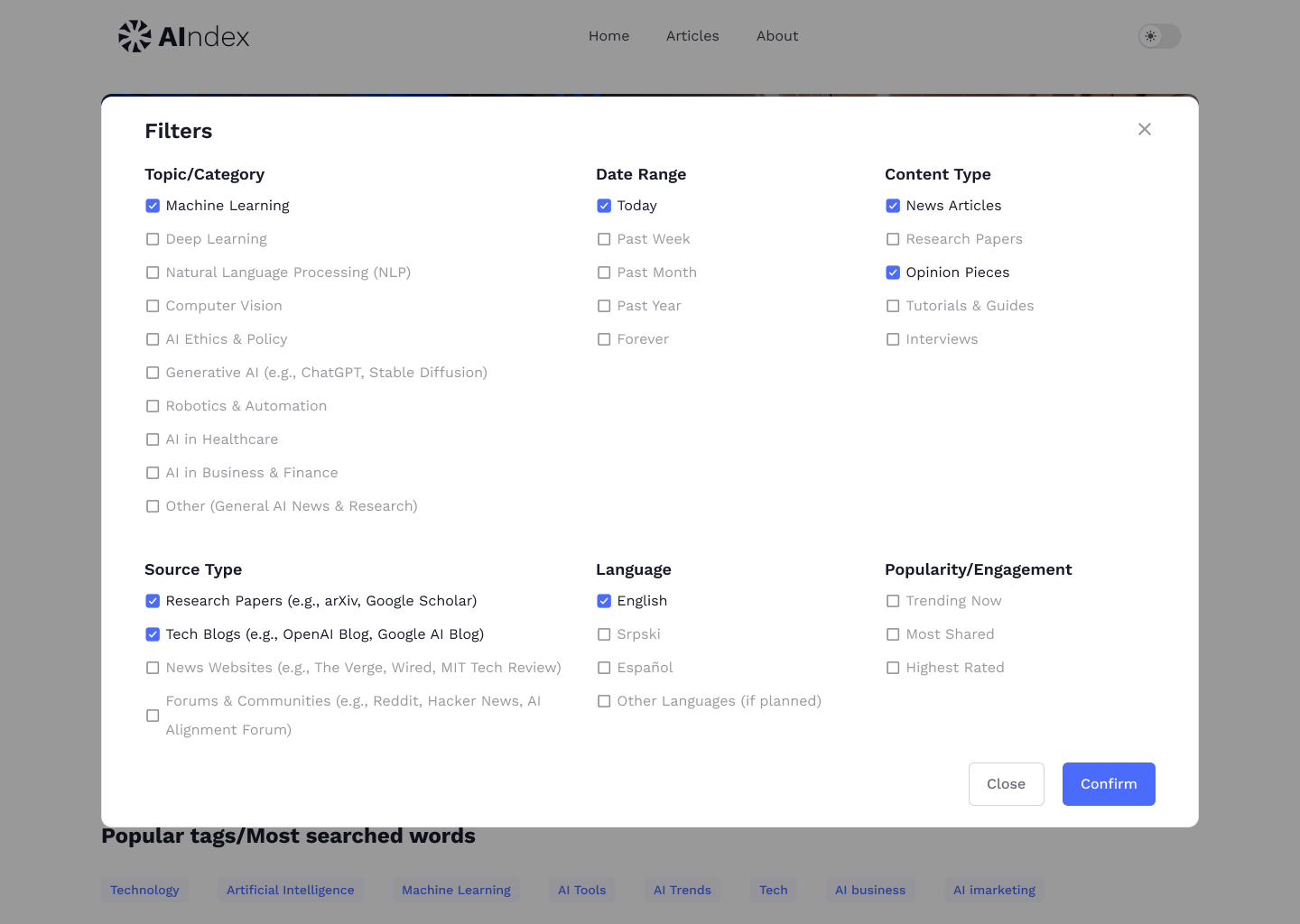 AIndex filters in light theme